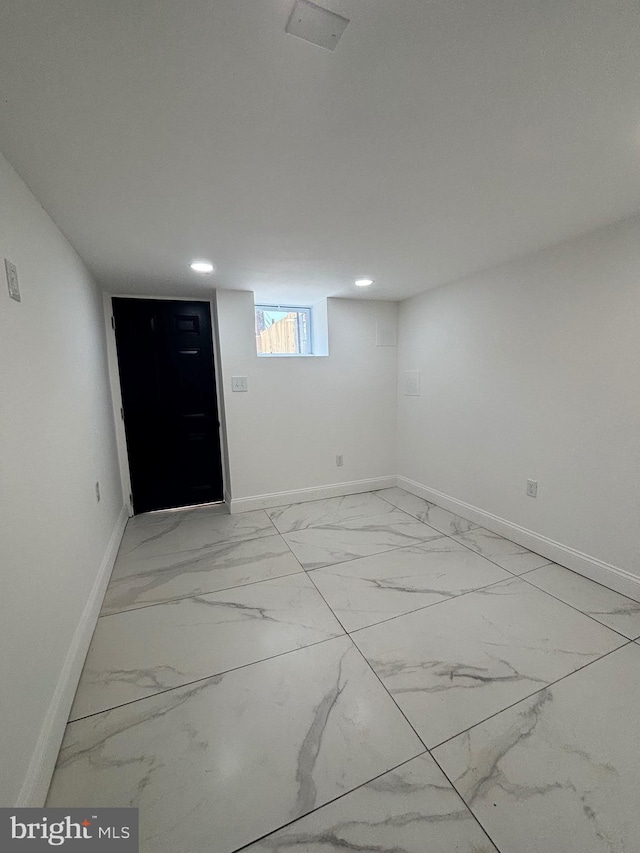1748 N Chester St, Baltimore, MD 21213 - basement featuring light marble finish flooring, baseboards, and recessed lighting