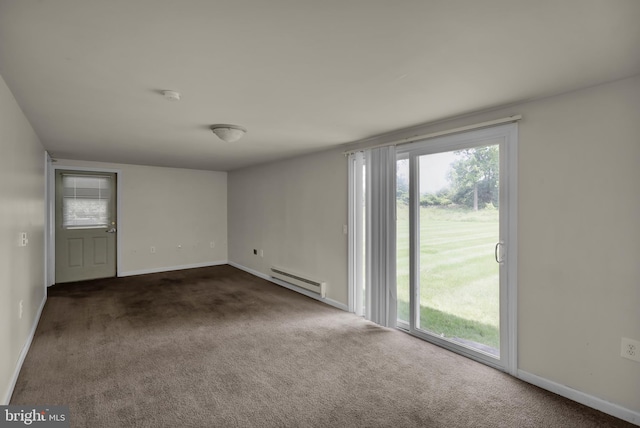 1401 Rockland St, Reading, PA 19604 - empty room with a baseboard heating unit, dark colored carpet, baseboards, and a smoke detector