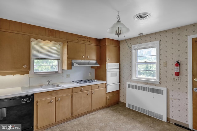 1401 Rockland St, Reading, PA 19604 - kitchen with radiator heating unit, white appliances, under cabinet range hood, a warming drawer, and healthy amount of natural light