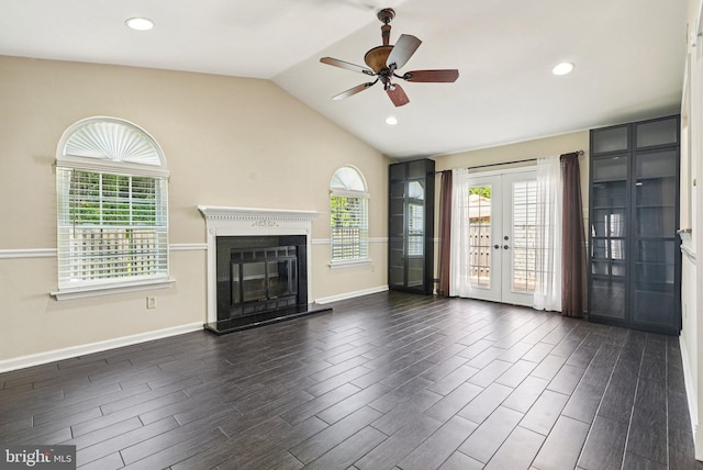 5 Locust Ln, Newtown, PA 18940 - unfurnished living room with ceiling fan, french doors, baseboards, a glass covered fireplace, and lofted ceiling