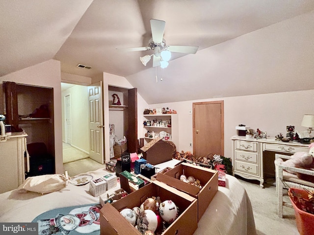 8 Vale Dr, Tabernacle Twp, NJ 08088 - bedroom featuring light colored carpet, vaulted ceiling, and a ceiling fan
