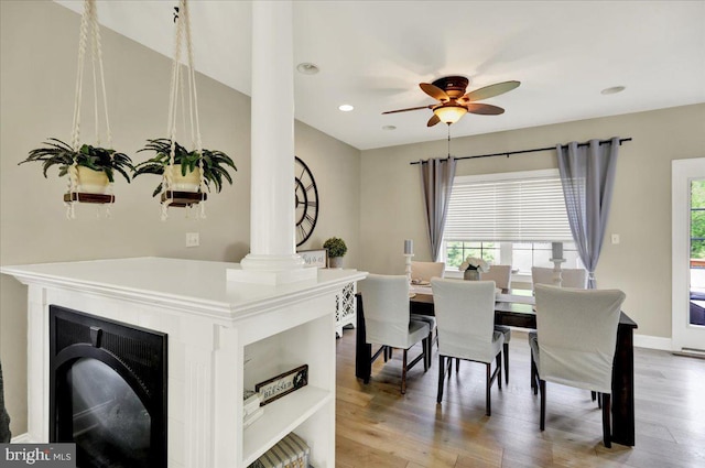 35 Krall Rd, Myerstown, PA 17067 - dining area featuring ornate columns, a ceiling fan, wood finished floors, recessed lighting, and baseboards