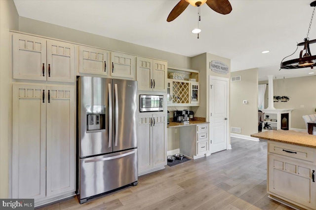 35 Krall Rd, Myerstown, PA 17067 - kitchen featuring appliances with stainless steel finishes, a ceiling fan, light wood-type flooring, glass insert cabinets, and recessed lighting