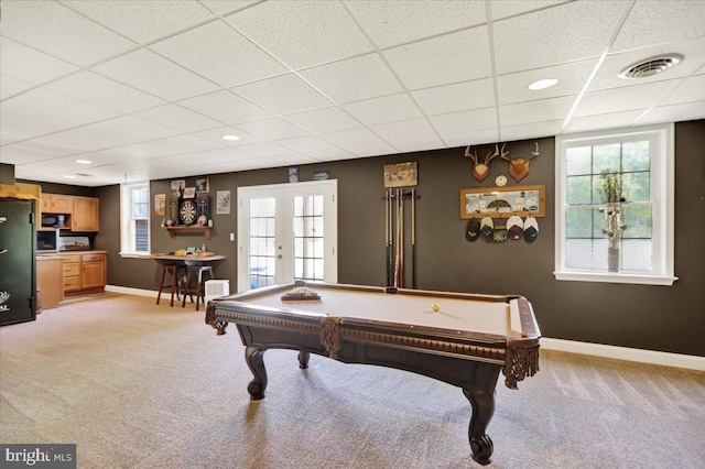 35 Krall Rd, Myerstown, PA 17067 - game room with light carpet, baseboards, a drop ceiling, french doors, and billiards