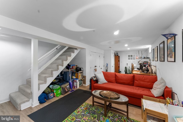 6807 Radcliffe Dr, Alexandria, VA 22307 - living room with wood finished floors, stairs, recessed lighting, and baseboards