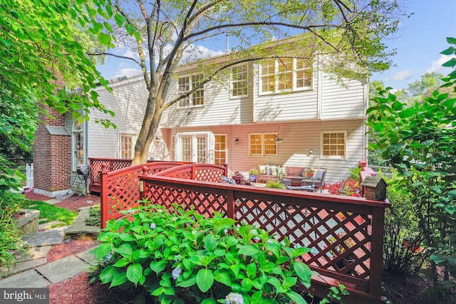 19802 Shady Brook Way, Gaithersburg, MD 20879 - rear view of house with an outdoor living space, a wooden deck, and french doors