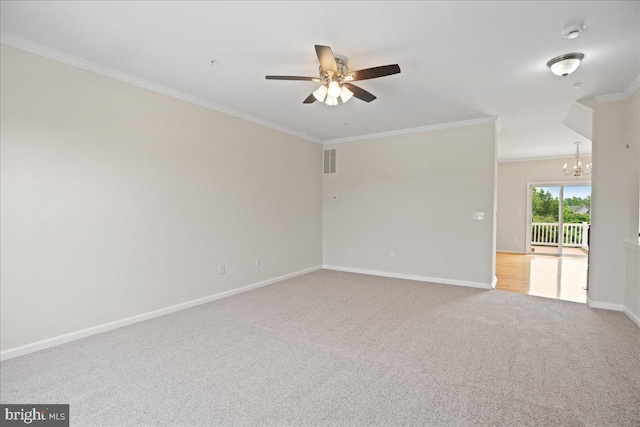 126 Backstretch Way, Prince Frederick, MD 20678 - empty room featuring crown molding, ceiling fan, a chandelier, baseboards, and carpet