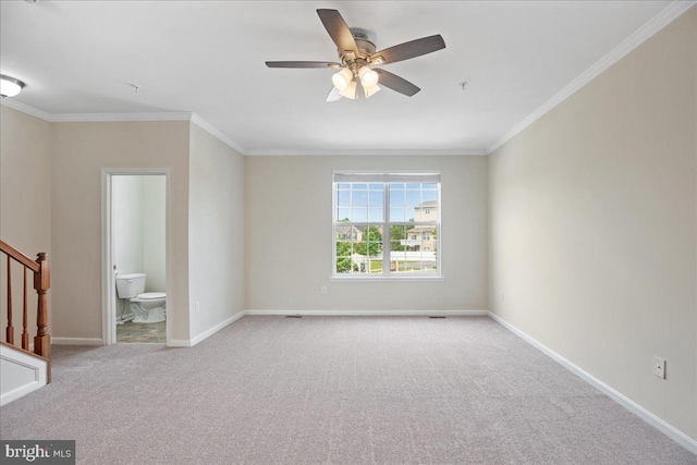 126 Backstretch Way, Prince Frederick, MD 20678 - unfurnished room featuring crown molding, carpet flooring, baseboards, ceiling fan, and stairway