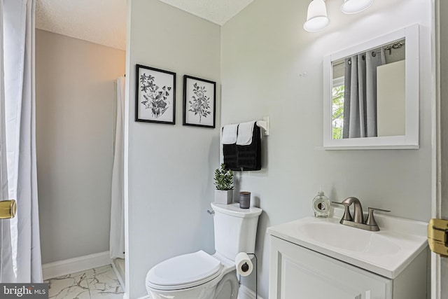 6786 Singletree Ct, Frederick, MD 21703 - bathroom featuring marble look tiles, vanity, toilet, curtained shower, and baseboards