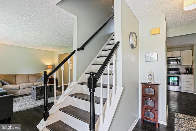 6786 Singletree Ct, Frederick, MD 21703 - staircase with a textured ceiling, wood finished floors, and baseboards