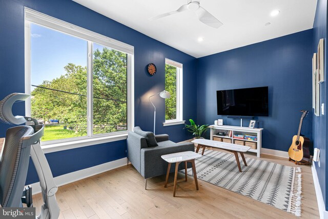 2206 E Fletcher St, Philadelphia, PA 19125 - living room with baseboards, ceiling fan, wood finished floors, and recessed lighting