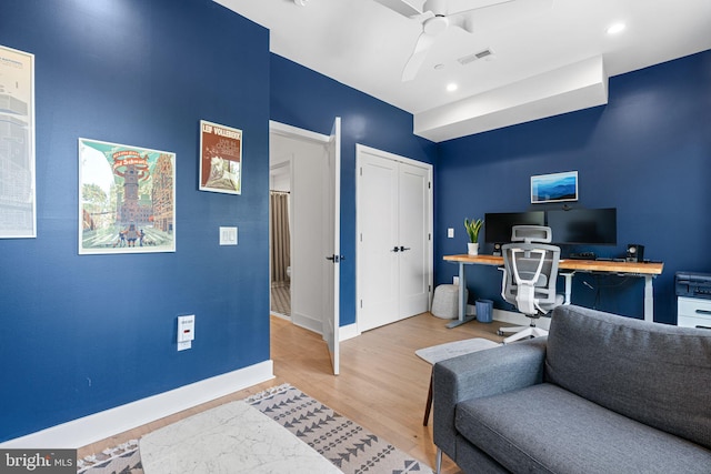 2206 E Fletcher St, Philadelphia, PA 19125 - office space with baseboards, wood finished floors, a ceiling fan, and recessed lighting