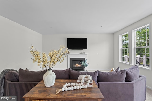 12916 Steam Mill Farm Dr, Brandywine, MD 20613 - living room featuring a glass covered fireplace, baseboards, and carpet flooring