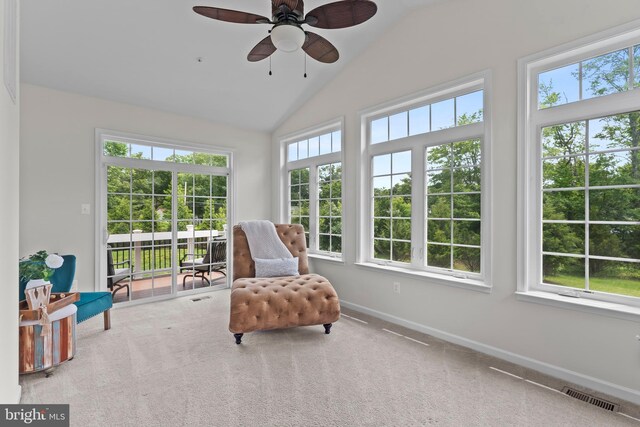 12916 Steam Mill Farm Dr, Brandywine, MD 20613 - sitting room featuring a ceiling fan, baseboards, vaulted ceiling, and carpet floors
