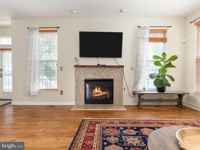 6040 Gayleburg Pl, Gainesville, VA 20155 - living room featuring wood finished floors, a tiled fireplace, and plenty of natural light