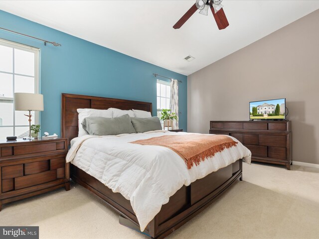 6040 Gayleburg Pl, Gainesville, VA 20155 - bedroom featuring light carpet, lofted ceiling, and a ceiling fan