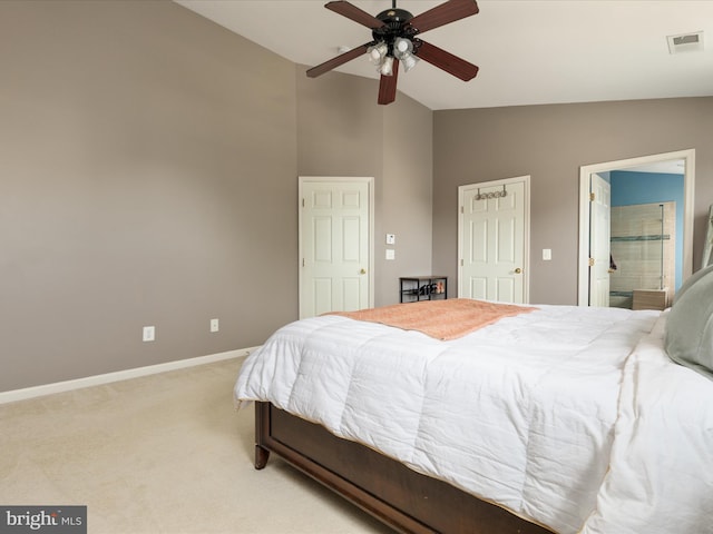 6040 Gayleburg Pl, Gainesville, VA 20155 - bedroom featuring high vaulted ceiling, baseboards, light colored carpet, ensuite bathroom, and ceiling fan