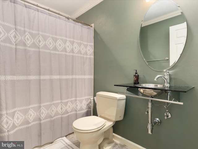 6040 Gayleburg Pl, Gainesville, VA 20155 - bathroom with ornamental molding, toilet, a sink, baseboards, and a shower with curtain