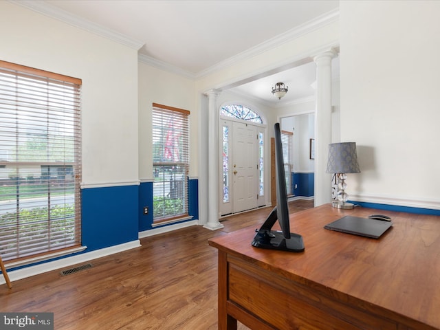 6040 Gayleburg Pl, Gainesville, VA 20155 - entryway with ornate columns, ornamental molding, wood finished floors, and baseboards