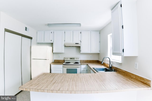 10256 Quiet Pond Ter, Burke, VA 22015 - kitchen featuring white appliances, a sink, ventilation hood, a peninsula, and light countertops