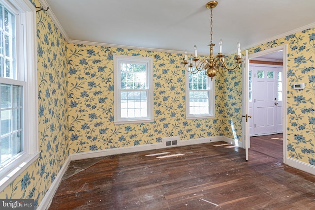 100 Carson Rd, Princeton, NJ 08540 - unfurnished dining area featuring hardwood / wood-style flooring, a chandelier, baseboards, wallpapered walls, and crown molding