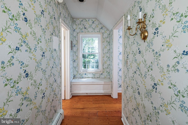 100 Carson Rd, Princeton, NJ 08540 - full bath with wallpapered walls, wood finished floors, vaulted ceiling, a garden tub, and baseboards
