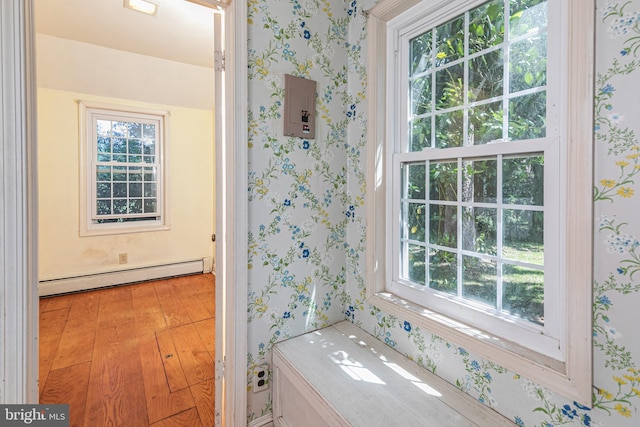 100 Carson Rd, Princeton, NJ 08540 - bathroom featuring a baseboard radiator, wallpapered walls, healthy amount of natural light, and electric panel