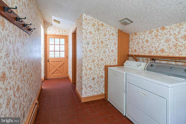 100 Carson Rd, Princeton, NJ 08540 - laundry room with wallpapered walls, independent washer and dryer, a baseboard radiator, a textured ceiling, and baseboards