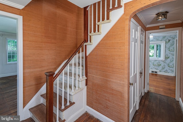 100 Carson Rd, Princeton, NJ 08540 - staircase with baseboards, wood finished floors, healthy amount of natural light, ornamental molding, and wallpapered walls