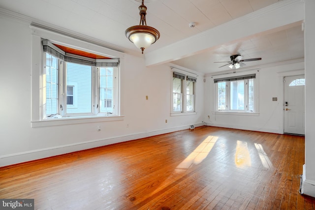 5919 Sefton Ave, Baltimore, MD 21214 - unfurnished living room with ornamental molding, hardwood / wood-style floors, ceiling fan, and baseboards