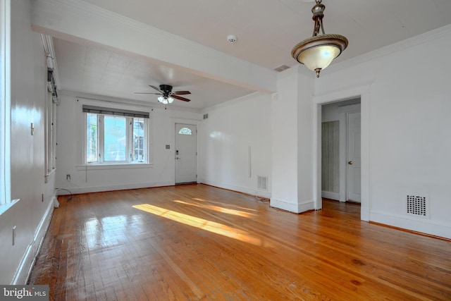 5919 Sefton Ave, Baltimore, MD 21214 - unfurnished living room with light wood-type flooring, baseboards, crown molding, and a ceiling fan