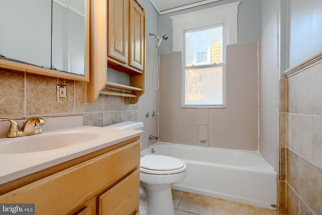5919 Sefton Ave, Baltimore, MD 21214 - full bath featuring vanity, toilet, shower / washtub combination, decorative backsplash, and tile patterned floors
