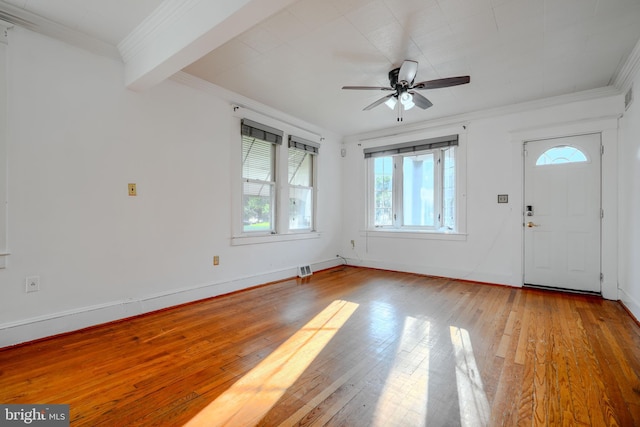 5919 Sefton Ave, Baltimore, MD 21214 - entrance foyer with plenty of natural light, hardwood / wood-style floors, ornamental molding, a ceiling fan, and baseboards
