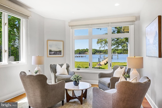 3442 Rockway Ave, Annapolis, MD 21403 - living area with a water view, baseboards, wood finished floors, and recessed lighting