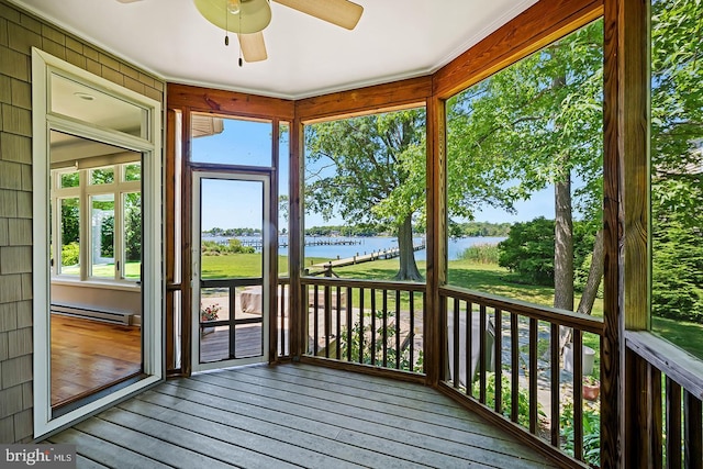 3442 Rockway Ave, Annapolis, MD 21403 - unfurnished sunroom with a water view, ceiling fan, and baseboard heating