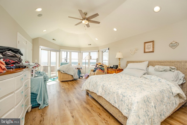 1107 Ocean Ave, Brigantine, NJ 08203 - bedroom featuring access to exterior, vaulted ceiling, light wood-style floors, recessed lighting, and a ceiling fan