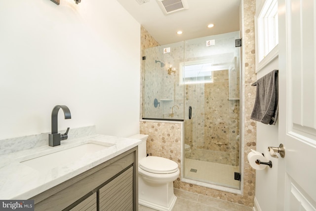 1107 Ocean Ave, Brigantine, NJ 08203 - full bathroom with toilet, a shower stall, tile patterned floors, vanity, and recessed lighting
