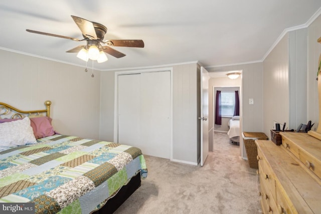 137 2nd St, Bordentown, NJ 08505 - bedroom with ornamental molding, a closet, light colored carpet, and ceiling fan