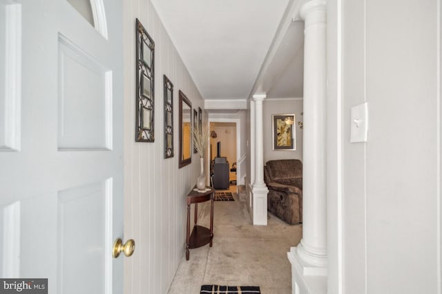 137 2nd St, Bordentown, NJ 08505 - hallway featuring ornate columns, light carpet, and ornamental molding