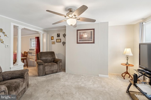 137 2nd St, Bordentown, NJ 08505 - carpeted living area with healthy amount of natural light, decorative columns, a ceiling fan, and ornamental molding