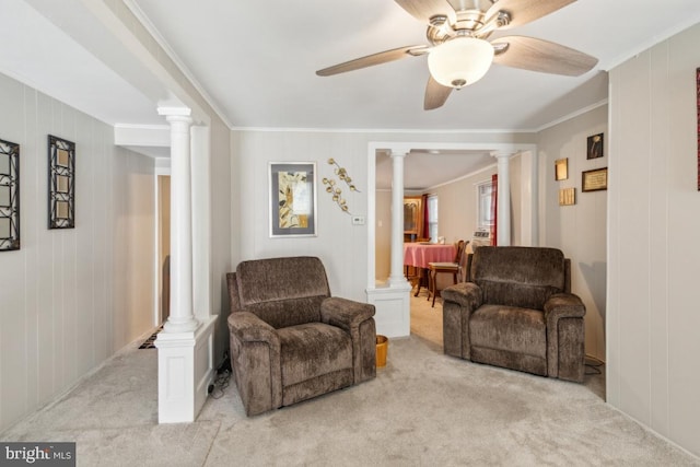 137 2nd St, Bordentown, NJ 08505 - sitting room with ornate columns, carpet flooring, ornamental molding, and a ceiling fan