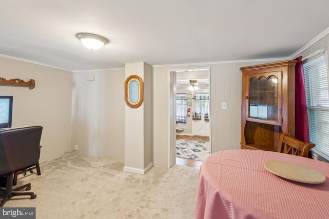 137 2nd St, Bordentown, NJ 08505 - dining room with crown molding, carpet, and ceiling fan