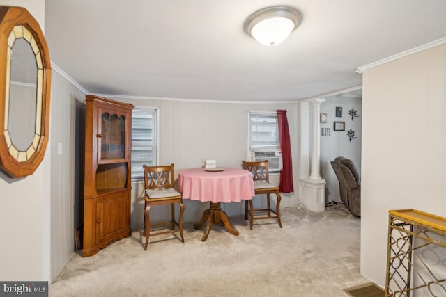 137 2nd St, Bordentown, NJ 08505 - dining area with decorative columns, carpet, crown molding, and cooling unit