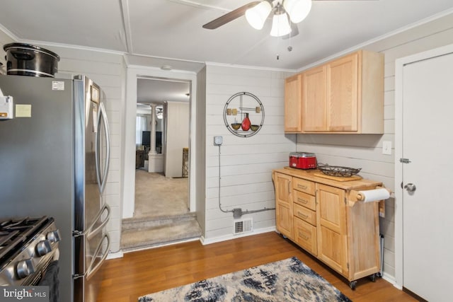 137 2nd St, Bordentown, NJ 08505 - kitchen with light brown cabinetry, appliances with stainless steel finishes, dark wood-style floors, crown molding, and a ceiling fan