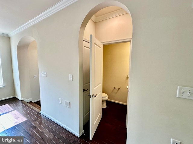 6967 Country Club Ter, New Market, MD 21774 - hall featuring ornamental molding, dark wood-style flooring, arched walkways, and baseboards