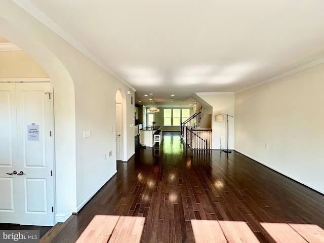 6967 Country Club Ter, New Market, MD 21774 - hall featuring wood-type flooring, arched walkways, stairs, crown molding, and baseboards