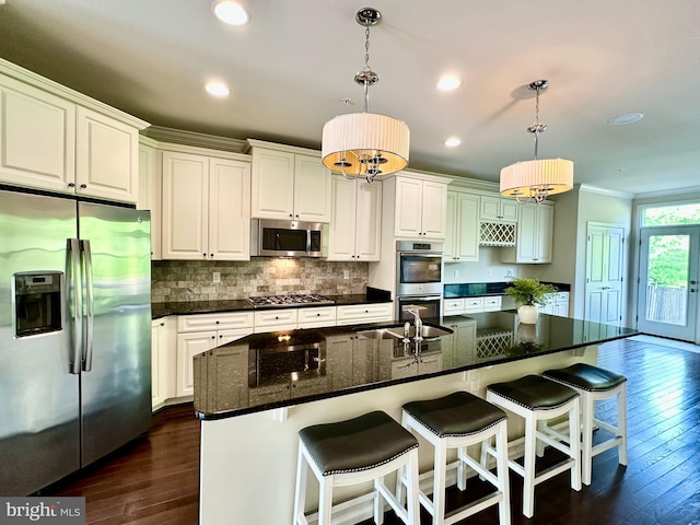 6967 Country Club Ter, New Market, MD 21774 - kitchen featuring appliances with stainless steel finishes, ornamental molding, dark wood-style floors, tasteful backsplash, and recessed lighting