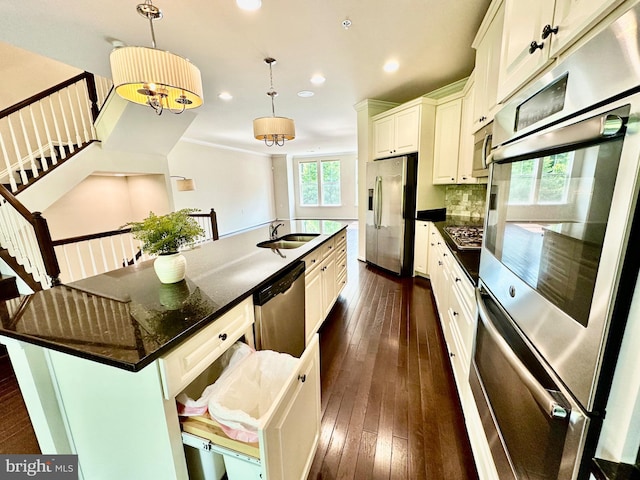 6967 Country Club Ter, New Market, MD 21774 - kitchen featuring stainless steel appliances, a sink, recessed lighting, dark wood-style flooring, and a large island with sink