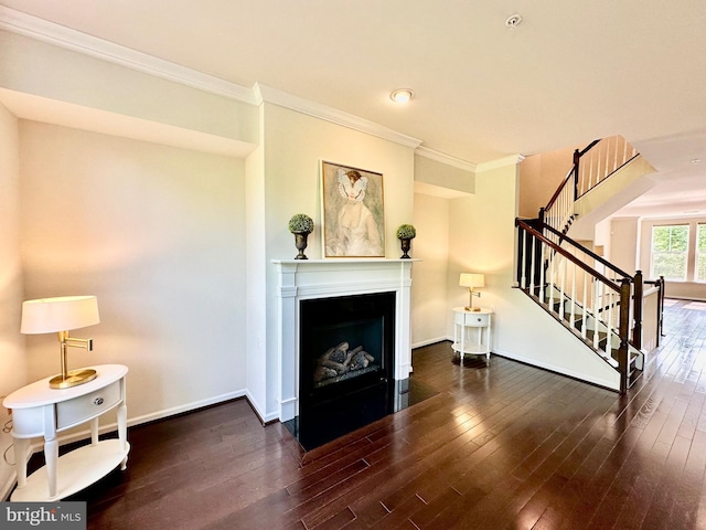 6967 Country Club Ter, New Market, MD 21774 - living area with ornamental molding, stairway, hardwood / wood-style flooring, a fireplace with flush hearth, and baseboards