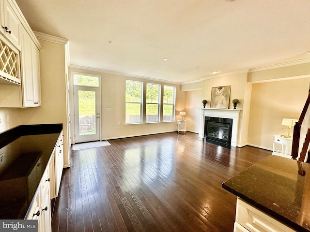 6967 Country Club Ter, New Market, MD 21774 - unfurnished living room with crown molding, dark wood finished floors, baseboards, and a glass covered fireplace